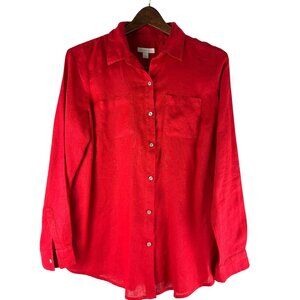 Old Money Minimalist Luxury Charter Club Red Linen Long sleeve Blouse, Women's S